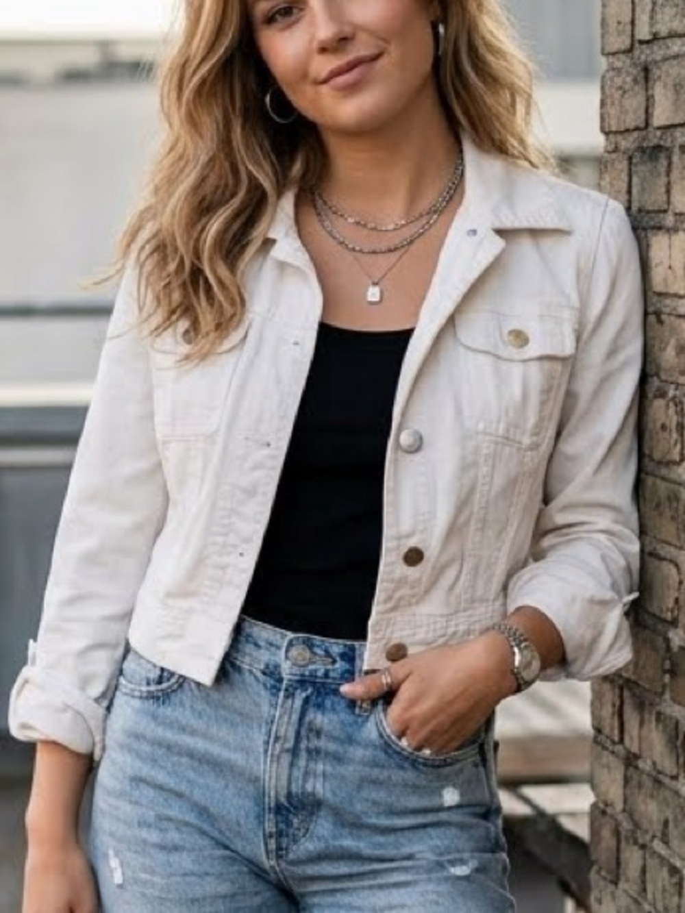 Chico’s Platinum Cropped White Denim Jean Jacket Size XS